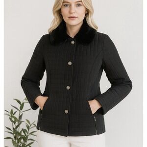 Gallery Petite Black Quilted Faux Fur Collar Jacket Women's Size‎ PS
